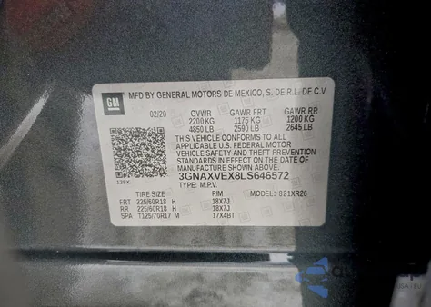 2020 Chevrolet Equinox Lt z USA, uszkodzony, nr VIN 3GNAXVEX8LS646572